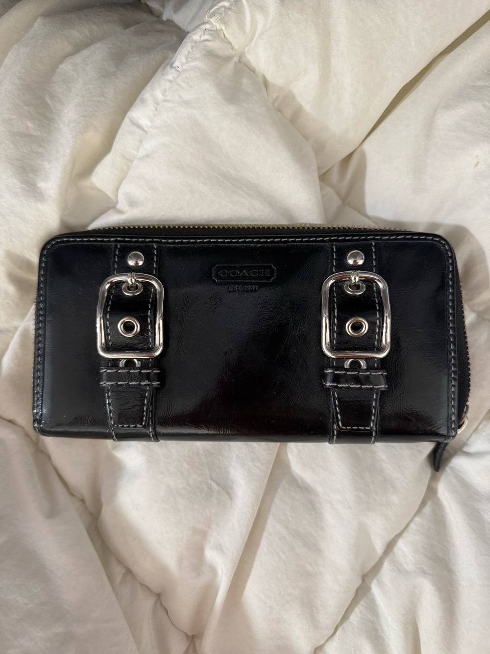 Coach Black Leather Zip-Around Wallet with Silver Buckle Accents